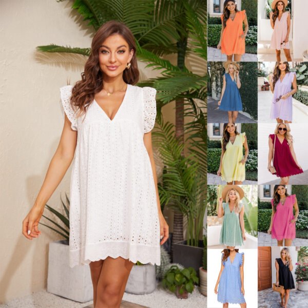Summer V-Neck Lace Beach Dress with Pockets