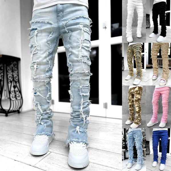 Men’s Slim Fit Patched Stacked Jeans